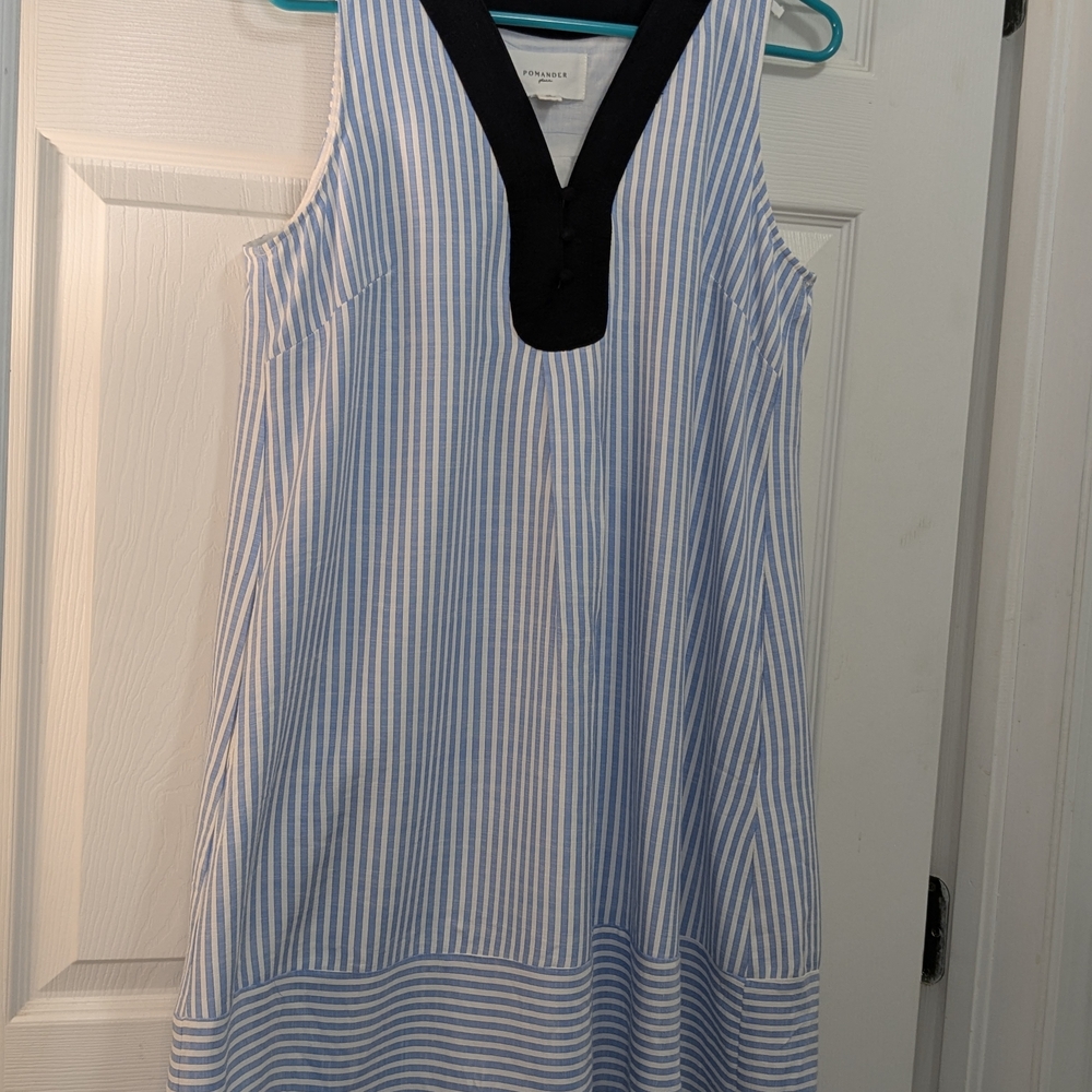 Pomander Place Blue and White Striped Dress with Black Trim